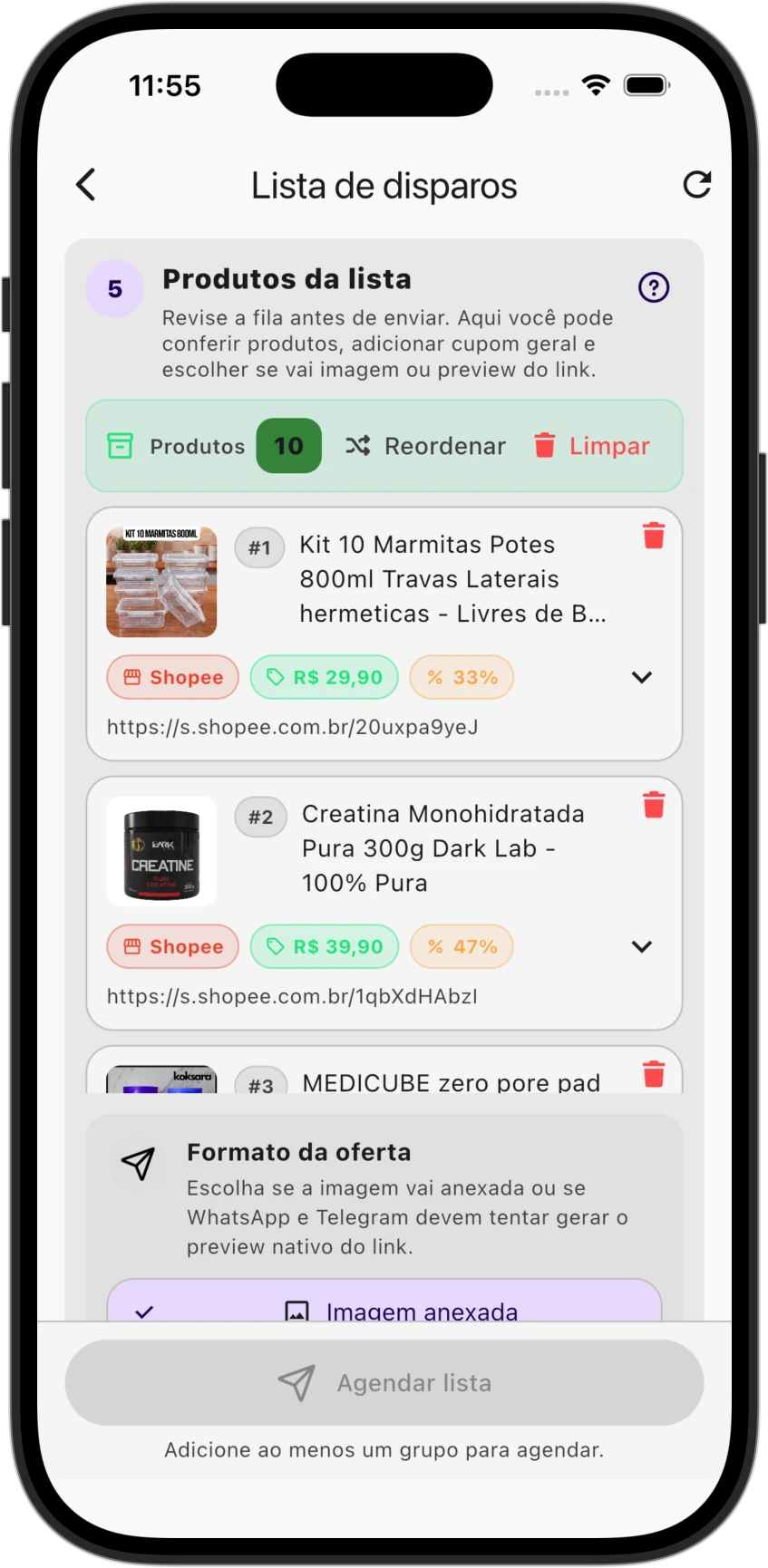Lista de disparos do Divulgador Master com produtos da Shopee prontos para enviar