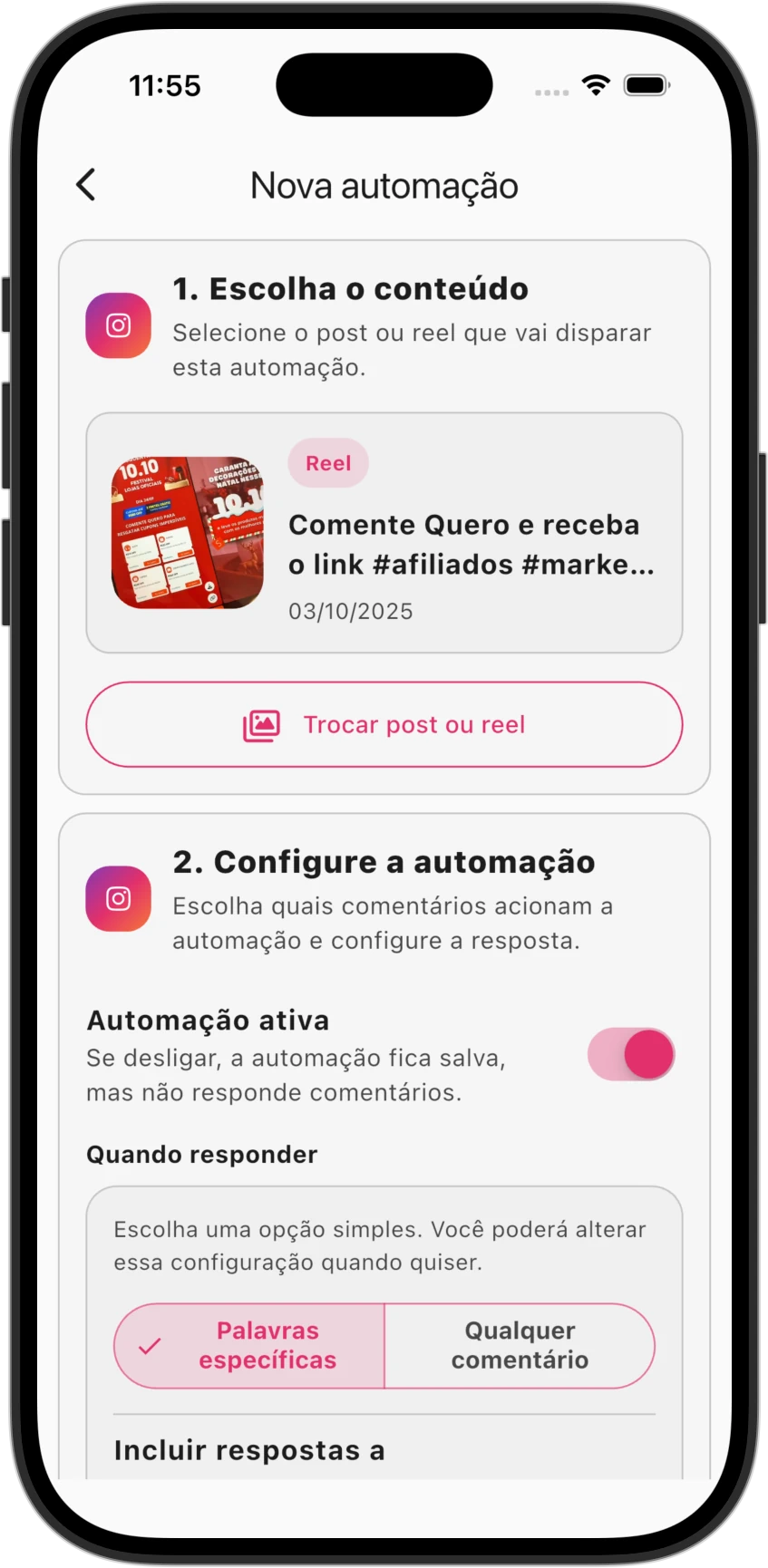 Configuração de uma automação de comentários do Instagram no aplicativo Master Afiliados
