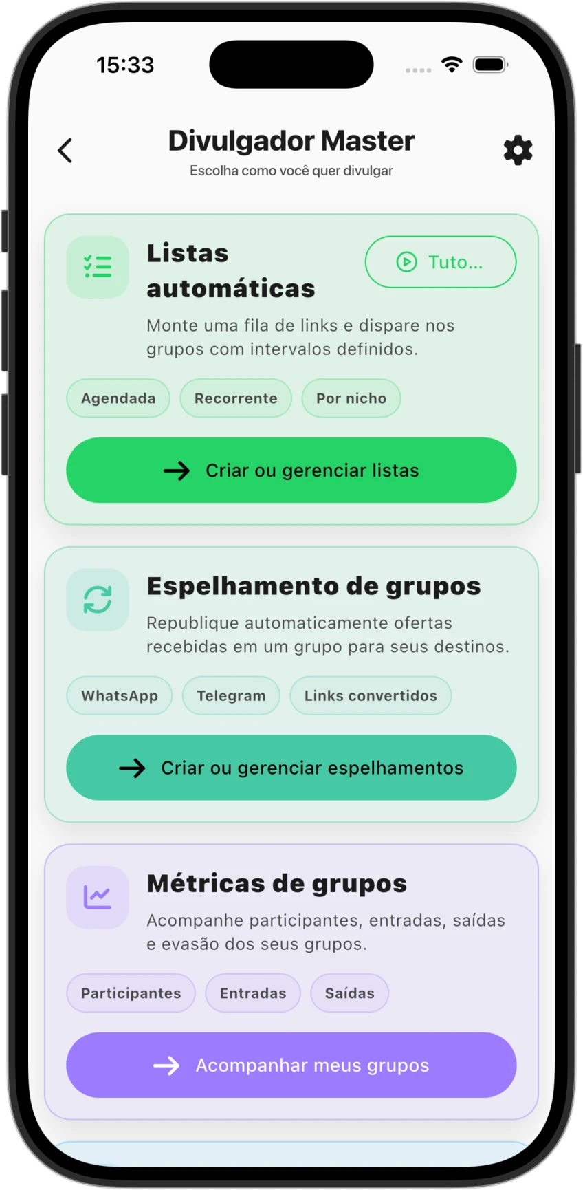 Menu do Divulgador Master com listas automáticas, espelhamento e métricas de grupos